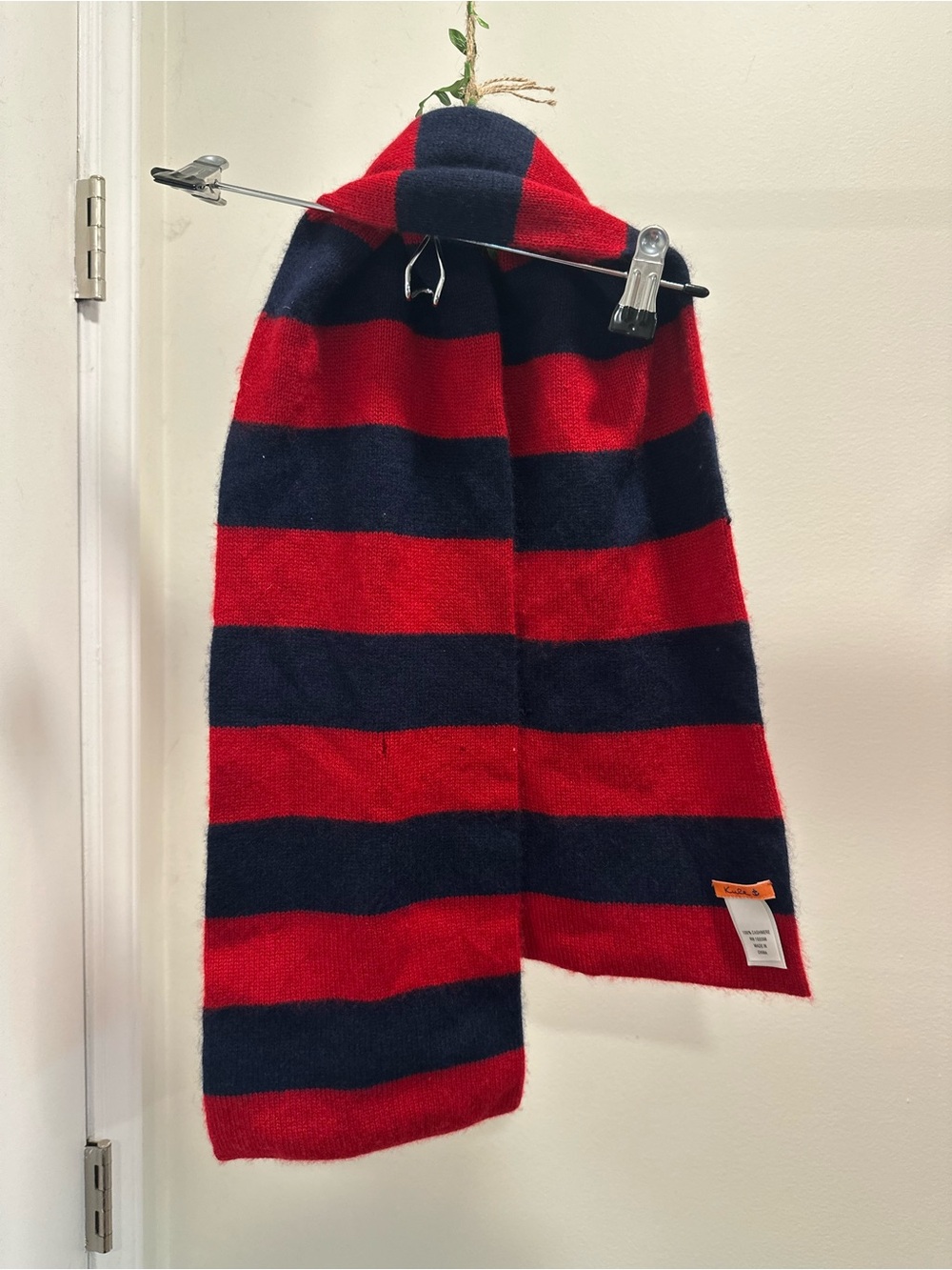 KULE Striped 100% Cashmere Knit Scarf Red Navy Blue Striped Luxe Winter Scarf